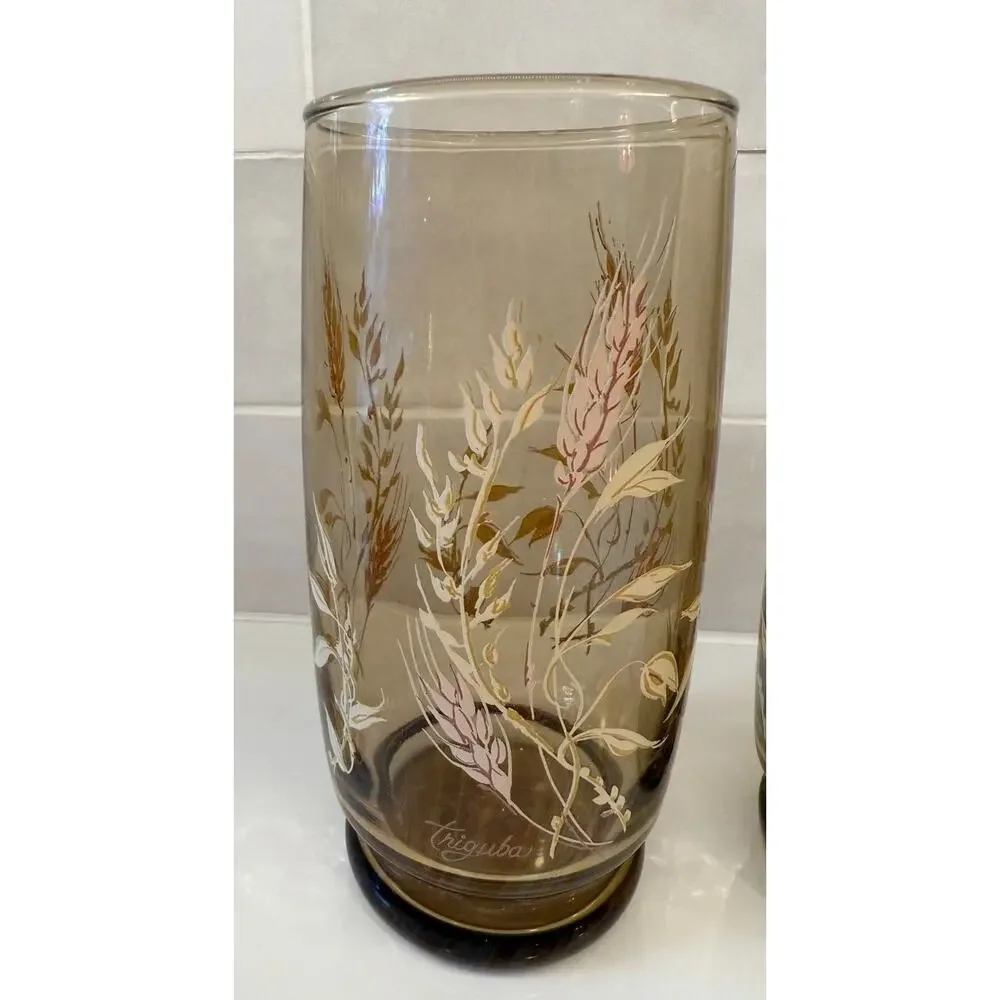 Vintage Anchor Hocking‎ Triguba Tawny Drinking Glass Wheat Design Set 4 Tumbler